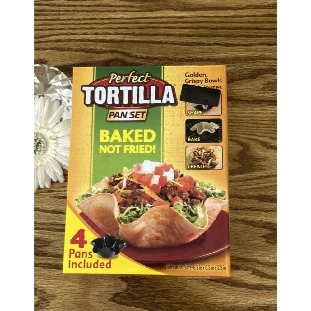 Perfect Tortilla Pan Set 4 Non Stick Taco Salad Bowl Shell Baking Pans